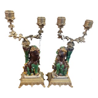 Antique Fo Dog Candleholders in Majolica and Bronze, 1800, Set of 2 For Sale
