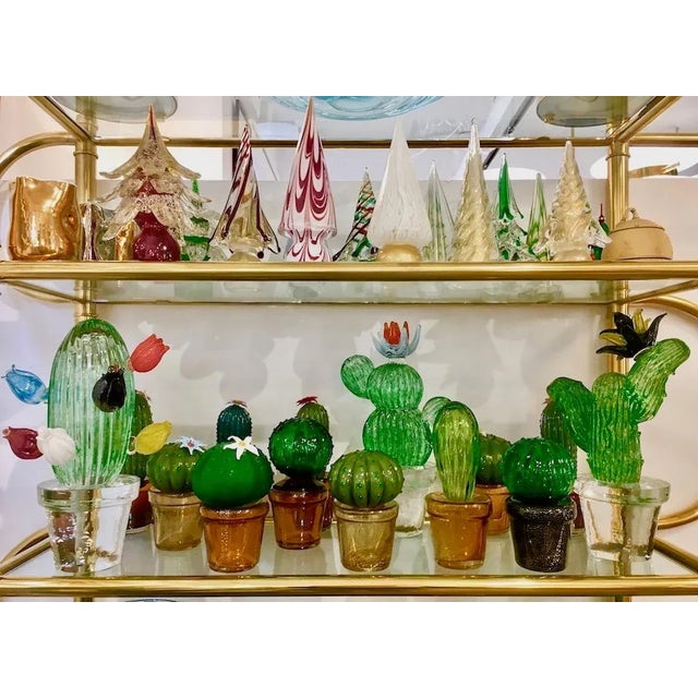Glass Formia 1990s Vintage Italian Green Murano Glass Cactus Plant With White Flower For Sale - Image 7 of 11