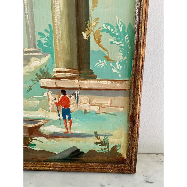 Antique Grand Tour Italian Capriccio Framed Oil on Board Paintings of a Landscape With Ruins, Pair For Sale - Image 12 of 13