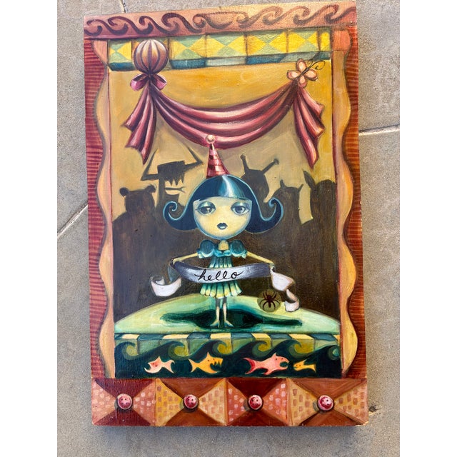 **Original Pop Surrealism Painting on Wood by Candace Jeanette – "Hello" (2000)** An original pop surrealist (Lowbrow-...
