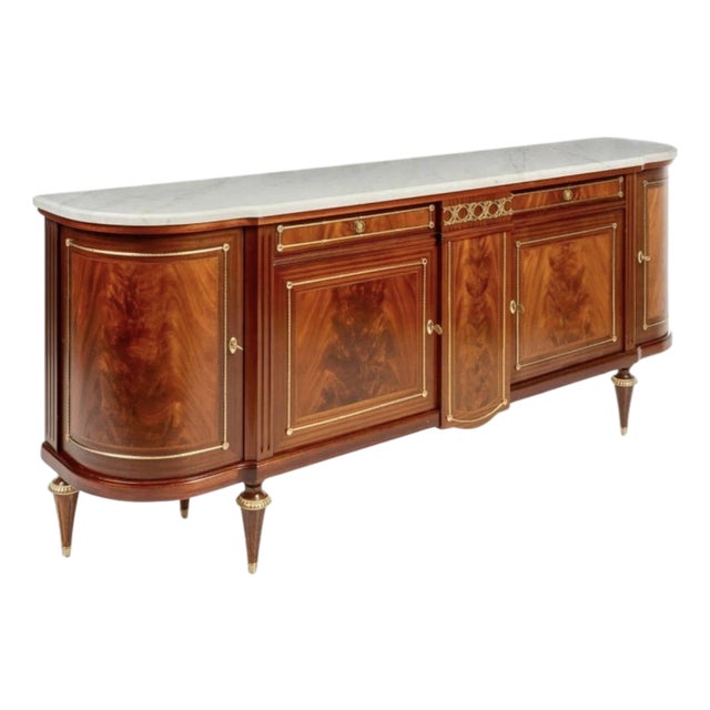 Large French Louis XVI Style Demilune Enfilade Sideboard Buffet, Marble Top For Sale