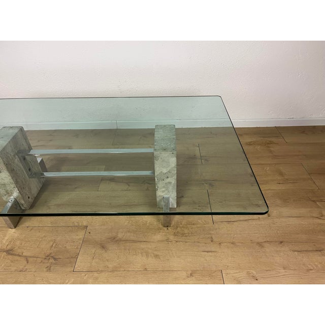 1970s Coffee Table in Travertine Steel and Smoked Glass, 1970s For Sale - Image 5 of 9