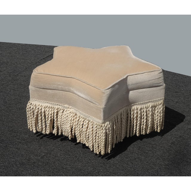 French Country Off White Star Shaped Ottoman Footstool W Velvet and Fringe For Sale - Image 3 of 13