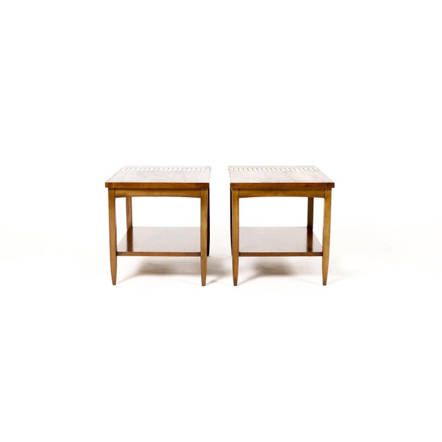 Mid Century Vintage Attributed to Lane Monte Carlo Walnut Rectangular End Tables — Tile Top Inlay — Pair For Sale In Los Angeles - Image 6 of 7