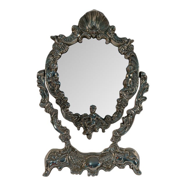 Vintage French Silverplated Tabletop Vanity Mirror For Sale