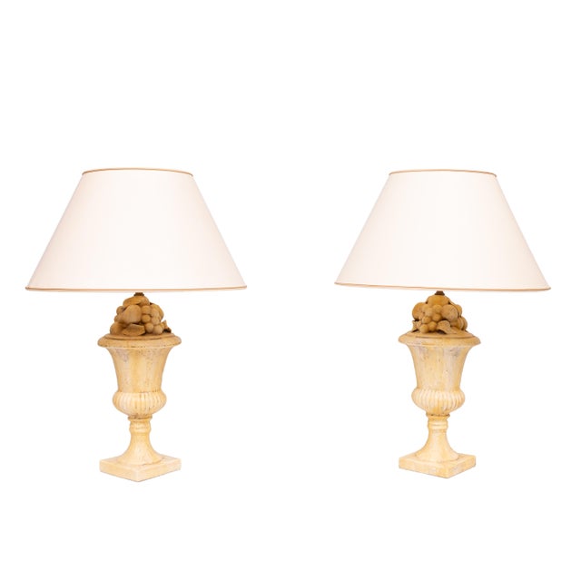 Cream Classical Greek Fruit Ceramic Urn Table Lamps, Italy, 1970s, Set of 2 For Sale - Image 8 of 8