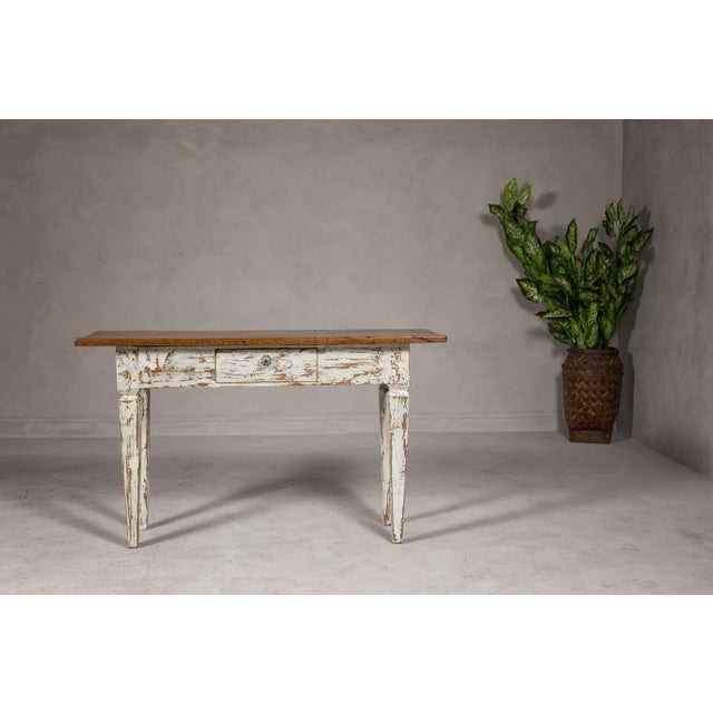 Farmhouse Chic White Distressed Sofa Table with Single Drawer and Tapered Legs For Sale In New York - Image 6 of 12