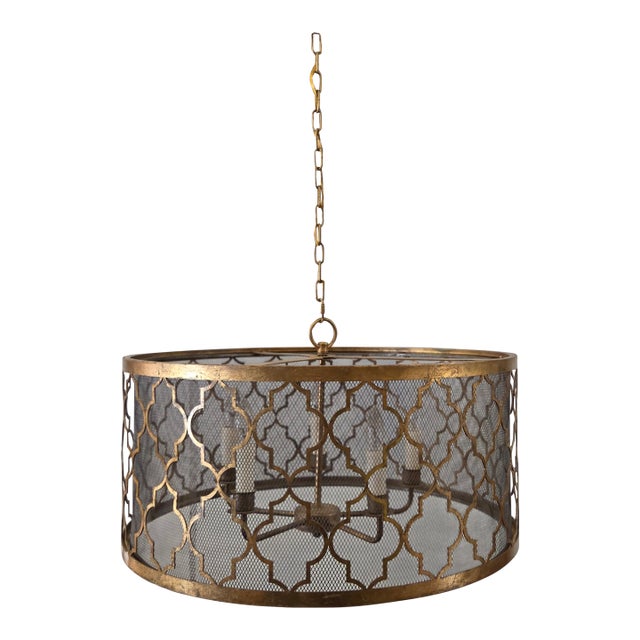 Vintage Drum Trellis Chandlier 5 Light Gold Leaf For Sale
