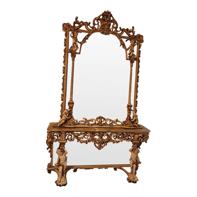 1960s Vintage Italian Grandeur Baroque Cherub Onyx Top Console With Matching Mirror For Sale