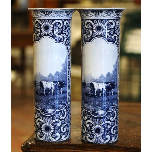 Late 19th Century Pair of 19th Century Dutch Delft Blue and White Faience Cattle Scene Vases For Sale - Image 5 of 13