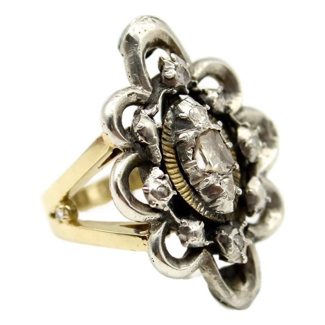 1920s Georgian Revival 14k Gold and Sterling Silver Ring With Diamonds, Size 7 For Sale