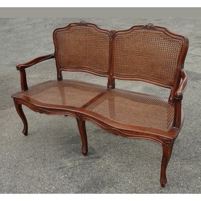 Vintage French Country Petite Cane Two Seater Settee Loveseat W Cushion