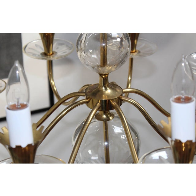 Gold 1950s Brass and Etched Glass Chandelier by Lightolier For Sale - Image 8 of 11