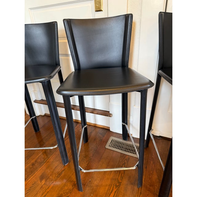 Late 20th Century Late 20th Century Italian Frag Black Leather Countertop Stools, Set of 3 For Sale - Image 5 of 13