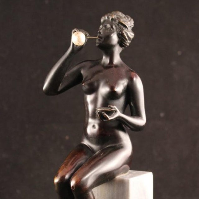 German Artist, Art Nouveau Woman Blowing Bubbles, Bronze and Marble, 1920s For Sale - Image 6 of 18