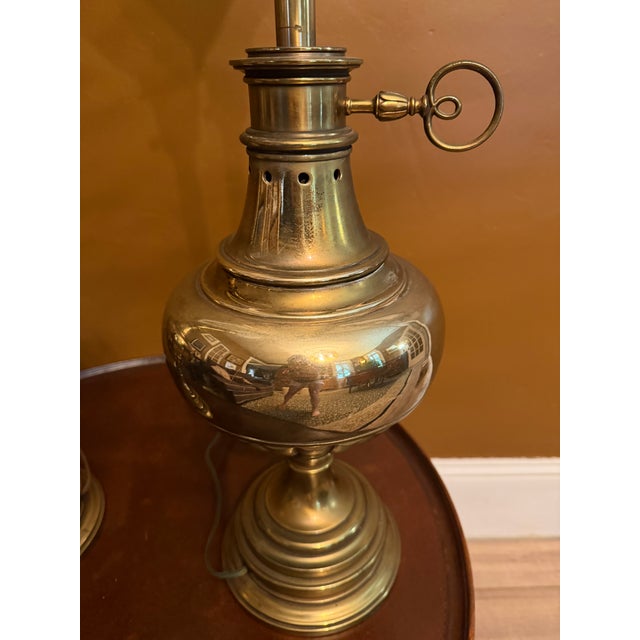 Metal Pair Vintage Stiffel Brass Oil Lamp Style W/ Milk Glass Hollywood Regency Table Lamps W/ Additional Original Shades For Sale - Image 7 of 15