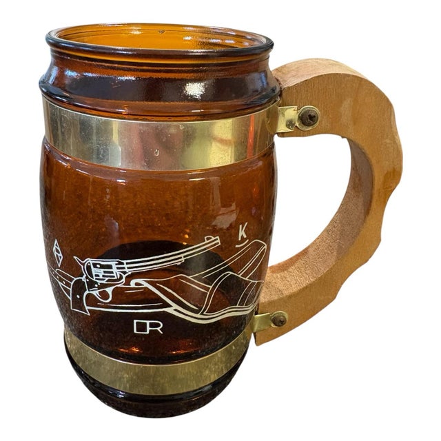 Mid 20th Century Vintage Siesta Ware Amber Glass Western Barware Set With 6 Mugs & Wood Caddy For Sale - Image 5 of 12