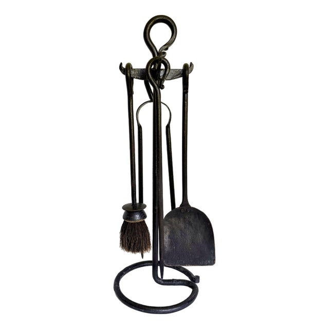 Vintage Wrought Iron Fireplace Set With Sculptural Loop Details For Sale