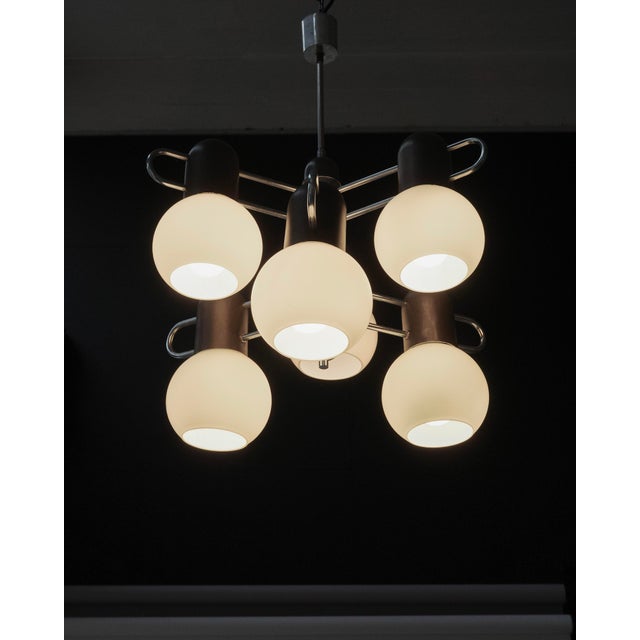 The chandelier features a metal frame in a sleek combination of chrome and black. It has six arms, each ending with a...