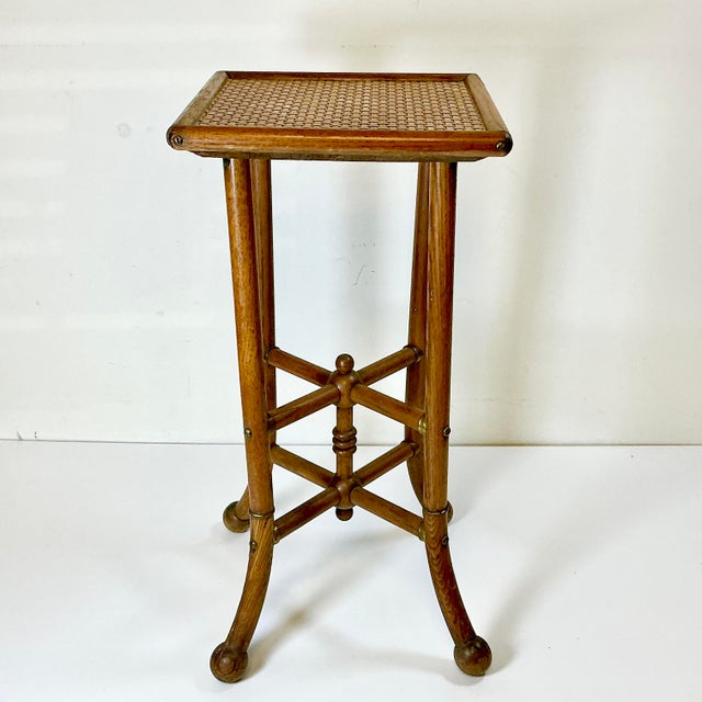 Boho Chic 1950s Vintage Arts & Crafts Boho Chic Oak, Cane & Brass Stick & Ball Drinks Table For Sale - Image 3 of 13