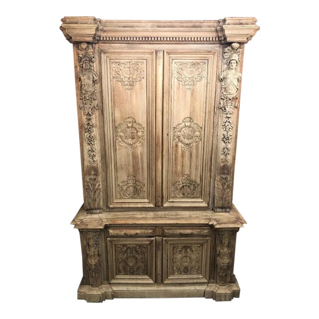 19th Century Monumental French Renaissance Figural Carved Oak Bookcase For Sale