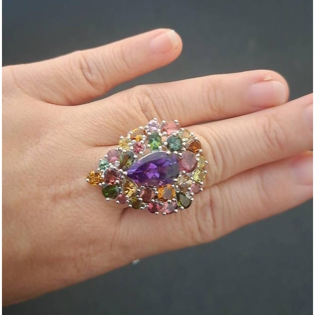 Bochic "Orient" Vintage Amethyst & Multi Tourmaline Ring 18K Gold & Silver For Sale - Image 14 of 18