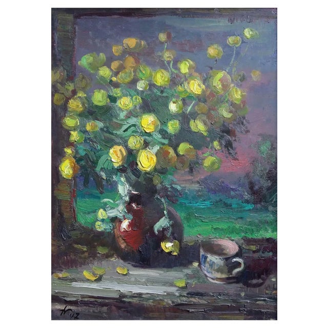 Julijs Vilumainis, Yellow Flowers in Vase, 1947, Oil on Plywood For Sale
