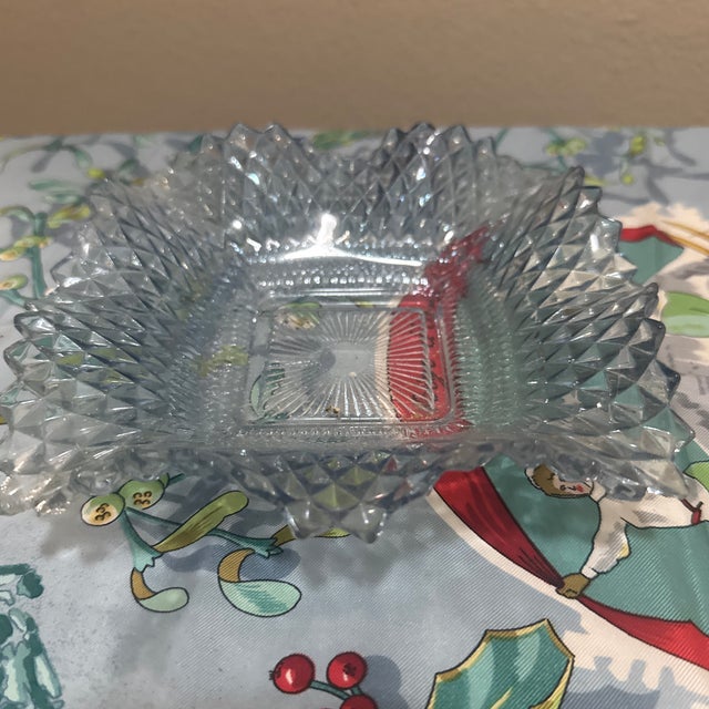 Mid-Century Modern Vintage Indiana Glass Diamond Point Ruffled Candy Dish Ice Blue Tinted Pressed Glass For Sale - Image 3 of 7
