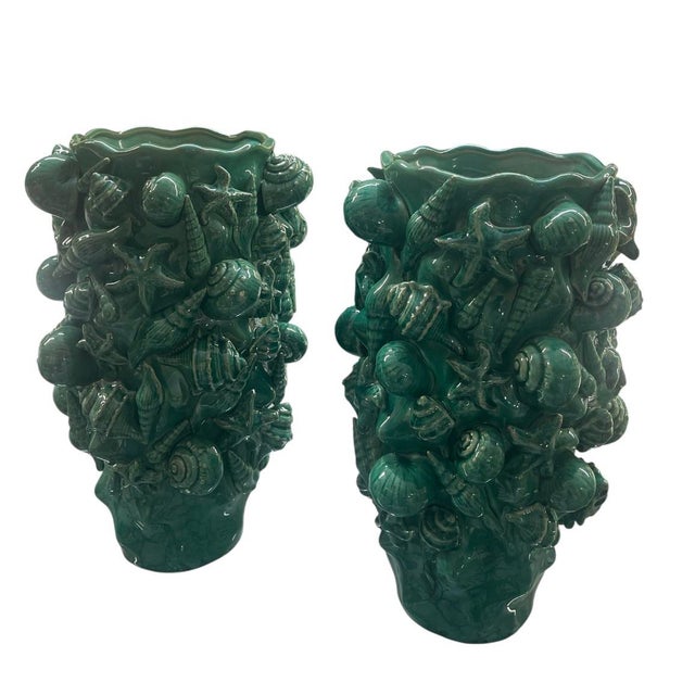 Ceramic Pair of Mid-Century Italian Green Glazed Majolica Seashell Vases For Sale - Image 7 of 10