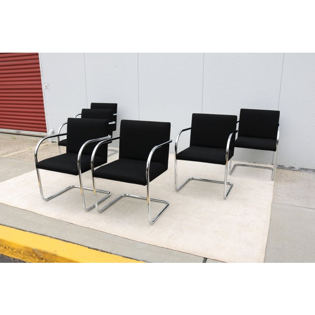 Gordon International Ludwig Mies Van Der Rohe Brno Tubular Chairs in Black Fabric by Gordon - Set of 6 For Sale - Image 4 of 18