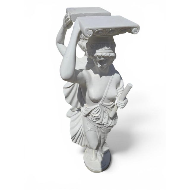 Italian Classical Marble Pedestals with Sculpted Figures, 1980, Set of 2 For Sale - Image 3 of 14