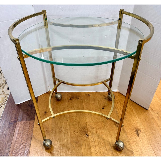 Mid 20th Century Mid Century Brass and Glass Oval Bar Cart Tea Cart on Castors For Sale - Image 5 of 6