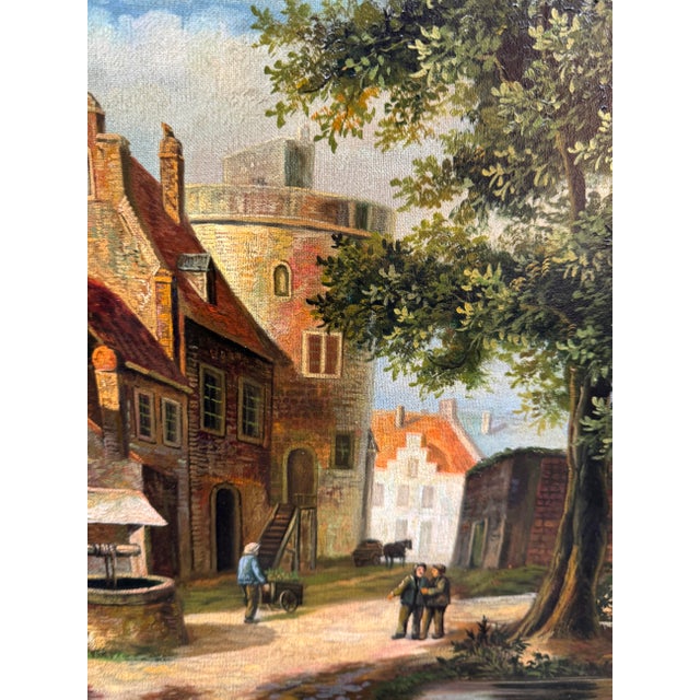 Dutch Village Scene Original Painting, Signature Under Custom Frame