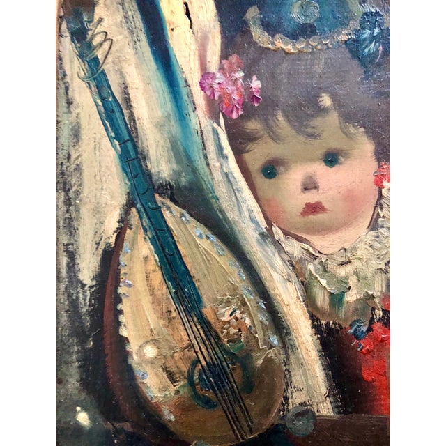 Mid 20th Century Jean Calogero, Italian Surrealist Oil Painting Jean Calogero Big Eyed Girl Doll Mandolin Flower For Sale - Image 5 of 9