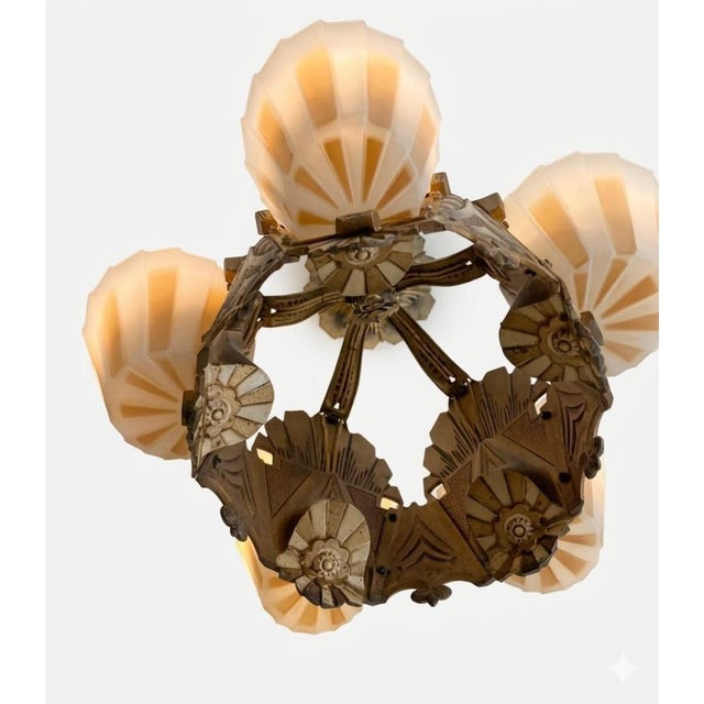 Pristine Antique 1930s Art Deco Williamson Beardslee 5-Light Slip Shade Flush Mount For Sale In Los Angeles - Image 6 of 14