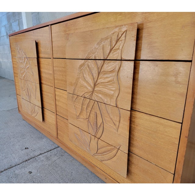 Wood Mid-Century Modern Hawaiian Style Dresser With Relief Carved Tropical Foliage 1950's For Sale - Image 7 of 18