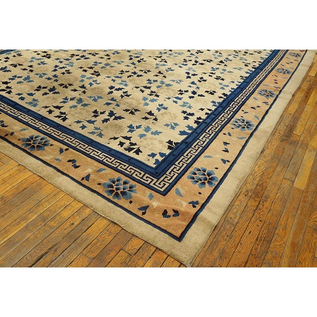 Traditional Majestic Ivory and Blue Color With Leaves and Flower Design Antique Chinese Peking Rug For Sale - Image 3 of 6