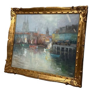Alexandre Macette, Harbour Landscape, Watercolor, Framed For Sale