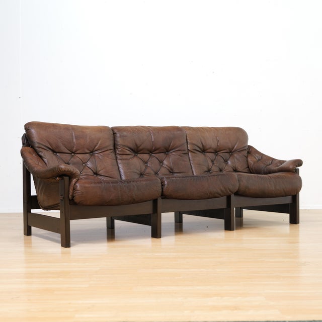 1970s 1970s Danish Brown Leather Tufted Sofa For Sale - Image 5 of 18