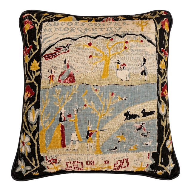 Vintage 1950s Americana Folk Art Sampler Print Pillow With Hunting Scene For Sale