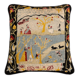 Vintage 1950s Americana Folk Art Sampler Print Pillow With Hunting Scene