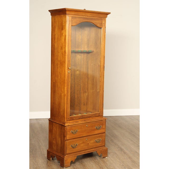 High Quality American Made Maple Gun Display Cabinet with Key-Locking Glass Door Over Pair of Dovetailed Drawers