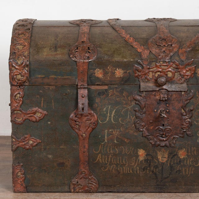 Large Swedish Oak Trunk With Original Green Painted Finish, Dated 1785 For Sale - Image 12 of 18