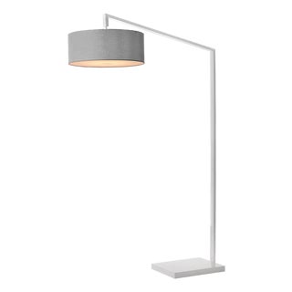 Stretch 75"h 1-Light Chairside Arc Lamp, Cashmere Gray Linen Shade, White Body, Dimmable, for Living Room or Bedroom For Sale