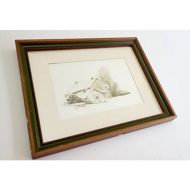 Mid-Century Modern Late 20th Century Art Print Landscape of Old Farm House in Snow With Wreath on Door For Sale - Image 3 of 10