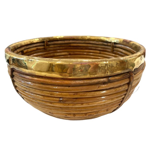 Mid-Century Modern Crespi Split Reed Rattan With Brass Bowl For Sale - Image 3 of 8