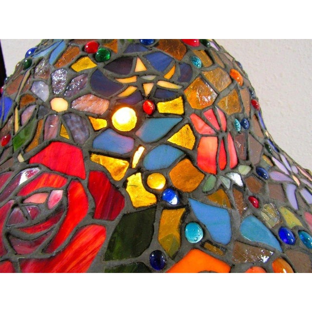 Metal Vintage Tiffany Style Stained Glass Roses Poppies Cabochons Bell Lampshade For Sale - Image 7 of 18