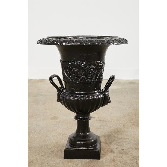 Pair of Cast Iron Campana Form Garden Urns on Stands For Sale - Image 10 of 13