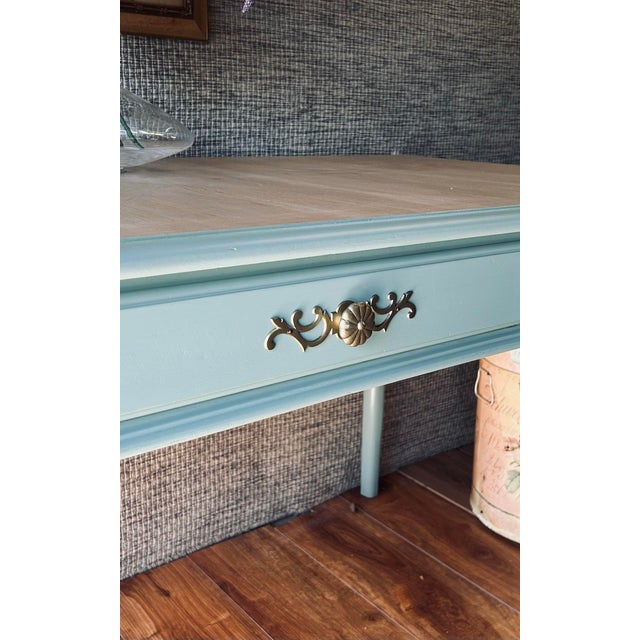 French Mid-Century Louis XV Style Refinished Teal-Turquoise Solid Wood 3-Drawer Desk For Sale - Image 3 of 12