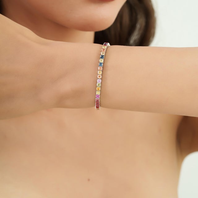 Red Carat&Her 7.23 Ct Square Cut Vibrant Multi Sapphire Tennis Bracelet in 925 Silver For Sale - Image 8 of 12